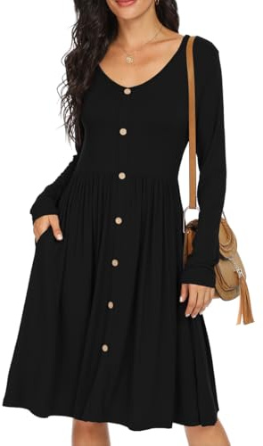 GRECERELLE Womens Long Sleeve Casual Plain Swing Dresses Button Down A-Line Midi Short T-Shirt Dress with Pockets (Black, M)