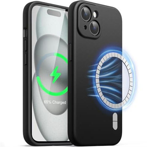 JETech Magnetische Silikon Hülle für iPhone 15, Schwarz | Kompatibel mit MagSafe, Seidig Weiches Gefühl, Vollständiger Kameraschutz, Stoßdämpfende Handyhülle