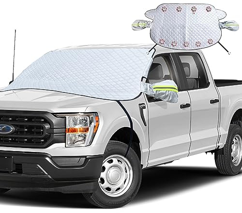 Smeyta Car Windshield Snow Ice Cover with Side Mirror and Hook,Magnetic Windshield Cover for Ice and Snow,Car Windshield Sun Shade Foldable,Fit for Large SUV/Pickup/Truck/MPV(Silver-65 x49)