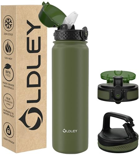OLDLEY Edelstahl Trinkflasche mit Strohhalm 1L Isolierte flasche mit 3 Deckel Große Thermosflasche 1 Litre Auslaufsicher Halten Heiß Kalt für Sport Gym Camping Fahrrad (Olivgrün, 3 Deckel)