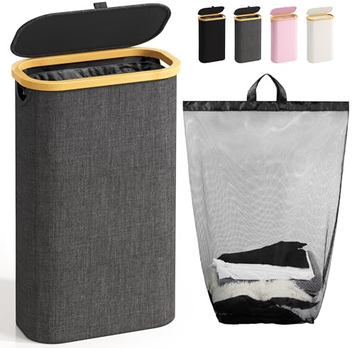 Bathola Schmaler Wäschekorb mit Deckel & Herausnehmbarem Wäschesack, Drau | 75L Bambusrahmen, Platzsparender Wäschebehälter, Faltbarer Wäschesammler für Bad, Schlafzimmer, Waschküche & Wohnmobil