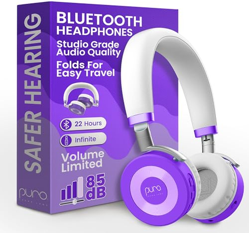 Puro Sound Labs JuniorJam Plus - Cuffie Bluetooth regolabili per bambini, limite di 85 dB, cuffie Bluetooth regolabili per tablet, smartphone, computer, 22 ore di autonomia
