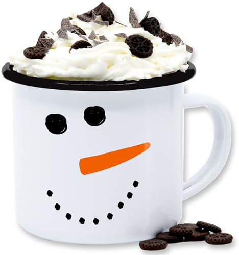 Emaille Tasse Blechtasse - Weihnachtstasse Weihnachten - Schneemann Gesicht Snowman - 300 ml - Weiß Schwarz - lustige weihnachtstassen christmas mug weihnachtsmotiv mit bruchsicher weihnacht tassen