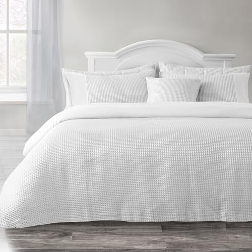 Velosso Waffle Plain Seersucker Bedding Set White Grey Stylish Waffle Weave Texture Duvet Quilt Cover and Pillowcase Set (White, Double)
