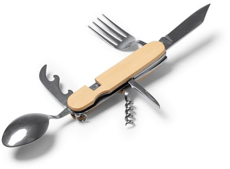 Juego de cubiertos multiusos con cuerpo de bambú y accesorios en acero inoxidable. Sacacorchos, navaja, tenedor...