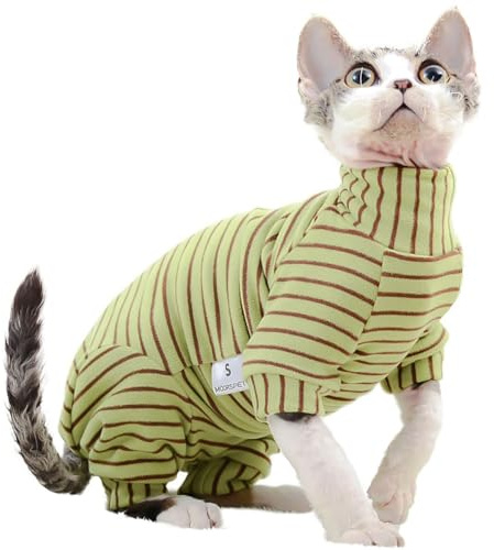 Coogime Katzenpullover, Katzen Kleidung, Atmungsaktive Weiche Pullover FüR Katzen, Katzenmantel Warm, Katzenbekleidung mit Vier Beinen, Katzen-Shirt (Grün-Streifen, M)