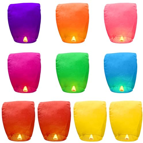 Cisolen 10pcs Chinese Sky Lanterns Biodegradable Multicolour Paper Lantern No Assembly Required Beautiful Lantern Wishes for Festivals Weddings New Years Birthdays Parties Memorials(Random Colour)