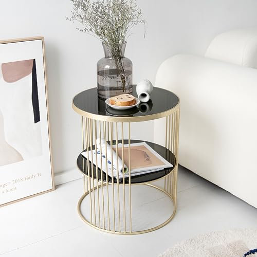 Zouron Couchtisch Rund, Beistelltisch Schwarz Telefontisch Marmor 45x45cm mit Goldenen Metallgestell Wohnzimmertisch Schwarz 2 Ablage Ebenen Stauraum Rundtisch 50cm für Wohnzimmer (Schwarz-1pcs)