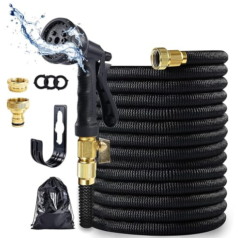 QSZTJJ Flexibler Gartenschlauch, Hose mit 8-Funktions-Düse, erweiterbarer Gartenschlauch,3/4 Zoll und 1/2 Zoll Massiven Anschlüssen und 3-Lagigem Latexkern (23M/75FT,Black)