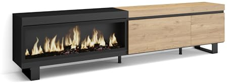 Skraut Home | Meuble TV | Banc Télé | Grand Espace de Rangement | 237x57x35 cm | TV Grand Format | Cheminée électrique XXL | Design Industriel | Style Moderne | Chêne et Noir