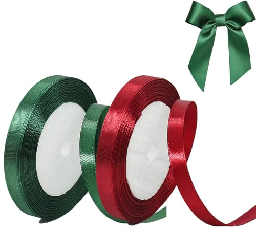 2 Rollen Geschenkband Weihnachten, 10 mm x 22 m Schleifenband Weihnachten, Satinband Rot Dunkelgrün zum Basteln Geschenkverpackung, Dekoband für Weihnachtsdeko Hochzeit Geburtstag Party