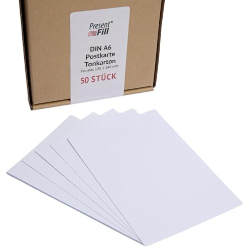 PresentFill® - blanko Postkarten Tonkarton Diamant Weiß, Papier-Karten Set 50 Stück 210 g/m² -DIN A6-105 x 148 mm zum Selbstgestalten, beschriften oder bedrucken als Bastelkarton, Karteikarten