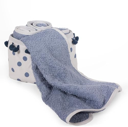 MyVorrei Handtuch-Set aus 100 % Baumwolle | Handtuchkorb mit gepunkteter Baumwolle mit Pom Pom und 4 Seiftücher 30 x 30 cm | Frottee 450 g Metro Quadro