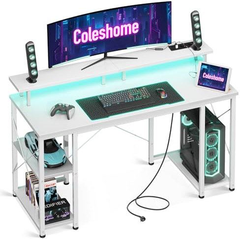 Coleshome Gaming Tisch mit LED-Beleuchtung, 120x50cm Computertisch mit 2 Steckdosen & 2 USB-Anschlüssen, Gaming Schreibtisch mit Monitorständer & Stauraum, Home Office Schreibtisch, Weiß
