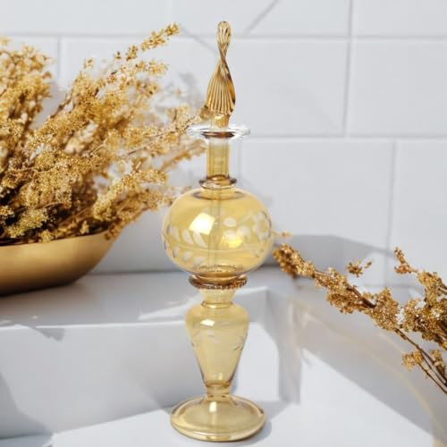Luxury Hand-Blown Amber Glass Perfume Bottle with Floral Etching, Vintage-Style Refillable Fragrance Decanter, Decorative Vanity Accent, Elegant Glass Stopper for Perfume, Essential Oils, Home Decor