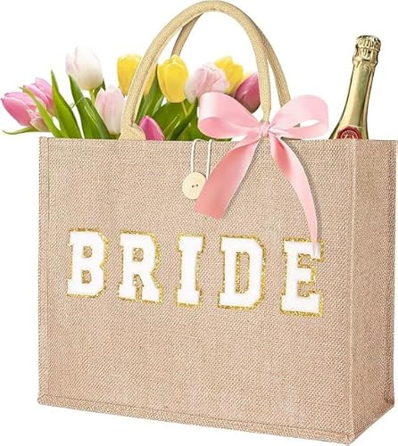 JUSTOTRY 1pcs Bride to Be Tote Bag, Beige, Hen Party Bag with 'BRIDE' Lettering, Hen Do Accessory, Bridal Shower Gift, Engagement Party Decoration