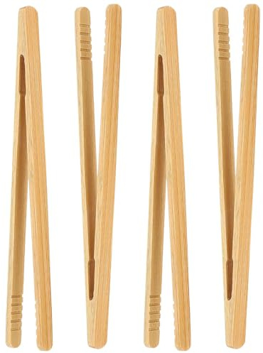 Funngy Bambu tång, 4 st bambu kökstång rostat kökstång bambu kök tång återanvändbar halkfri grilltänger trä liten bambu tång för kök grillat kött bakverk bröd