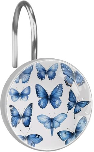 12 ganci per tenda da doccia ad anello per bagno, con farfalle blu acquerello, superficie in vetro, ganci antiruggine per bagno, camera dei bambini