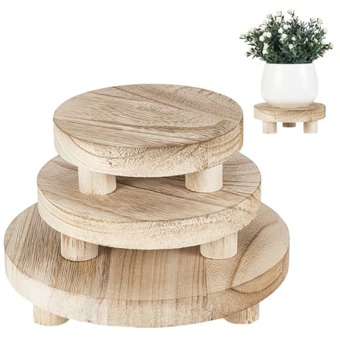 AHANDMAKER Lot de 3 rehausseurs en bois pour décoration - Base ronde et plate en bois - Socle en bois rustique pour la maison et la cuisine (couleur amande, 20,3 x 15,2 cm)