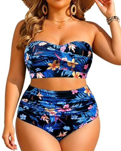 Yonique Women Plus Size Two Piece Swimsuits High Waisted Bathing Suits Bandeau Bikini Tummy Control Swimwear, Blue and Flower, 14 Plus
