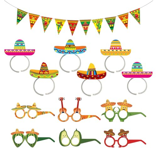 NYGGTYK 6 Piezas De Banda para Sombrero Mexicano, 6 Piezas De Gafas Mexicanas, 1 Pieza De Bandera Triangular, Accesorios De Fotos Divertidos, Decoraciones De Fiestas Mexicanas