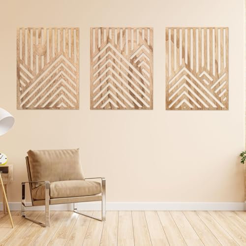 Lot de 3 sculptures murales géométriques modernes en bois - Décoration murale minimaliste pour intérieurs contemporains - Panneau creux sculpté à la main - Décoration à suspendre pour maison, couloir,
