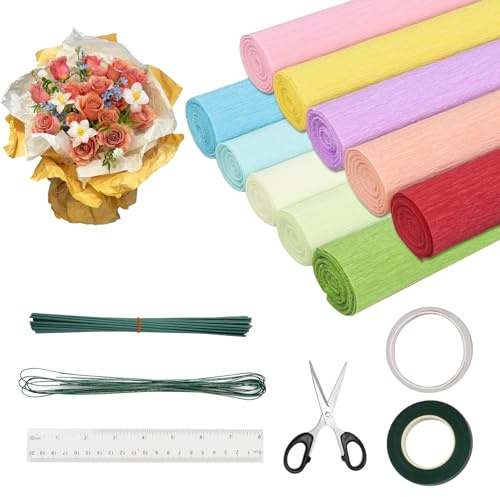 XINGNA 10 Rollos Papel Crepé, Papel Crepe Colores, 25 x 250 cm, 10 Colores con Alambre de Flores y Cinta de Floristería para Floristería para Hacer