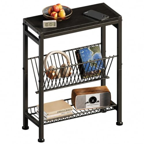 Vantimo Schmaler Beistelltisch, 3 Ablagen Nachttisch Schmal mit Zeitschriftenhalter, Sofa beistelltisch, Couchtisch klein für Wohnzimmer, Schlafzimmer, Küche & Balkon, Arbeitszimmer (Schwarz)