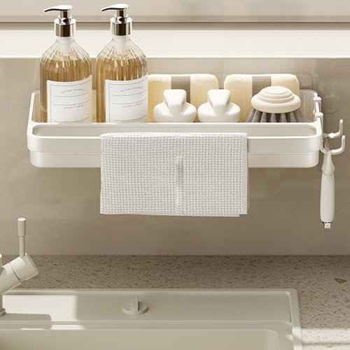 Kaizuca Organizador Fregadero, Estante de Cocina sin Taladros con Bandeja de Goteo y 2 Ganchos, Soporte de Pared Autoadhesivo para Fregadero, Baño y Cocina