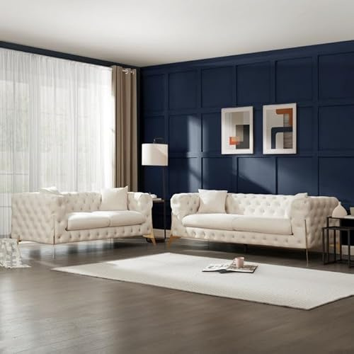 Snooze Luxury Plush Chesterfield Sofas and Couches - 3+2 Seater Sofa set, Arm chair – Tufted Cushions with Sturdy and Durable Gold Legs (Cream Plush, 2+3 Seater)