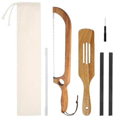 MENIBBLER Bread Bow Knife, 16.34 Inch Stainless Steel Sourdough Bread Knife with Sleeve, Bag, Holder and Mono Blade for Homemade Sourdough Bagel Cake Fruit