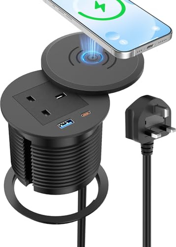 Sewingvr Desk Power Socket with 15W Wireless Charging, Recessed Power Strip with 30W USB-C PD, Built-in Power Strip for Kitchen Worktop or Home Office, 2m Cable, Black