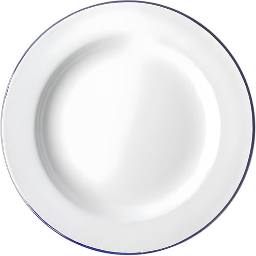HOCHSTE Falcon Enamel Dinner Plate Classic White with Blue Rim Durable Porcelain on Steel Oven & Dishwasher Safe Ideal for Home, Camping, Outdoor Use Round Dinner - 26 x2.5cm x1