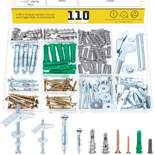 Mardatt Juego de 110 anclajes y tornillos resistentes para paneles de yeso, anclajes de pared autoperforantes, pernos Molly, tornillos de madera, anclaje de mariposa para colgar en el techo