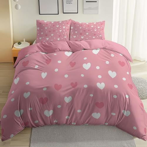 Set Copripiumino Reversibile Rosa chiaro, Microfibra Morbida Stampa Semplice e carino cuore a forma di punti con Cerniera, Biancheria da Letto Ragazzi Adulti Ipoallergenico, 230 x 220 cm