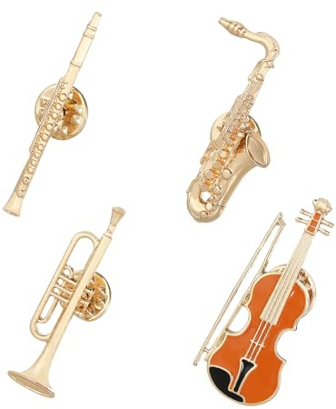 4 Stück Brosche für Musikinstrumente, Exquisite Mini-Musikinstrument-Brosche, Trompetenbrosche, Exquisite Metall Pins für Blazer, Mantel, Hut, Tasche, Kleid, Geschenk für Musiker