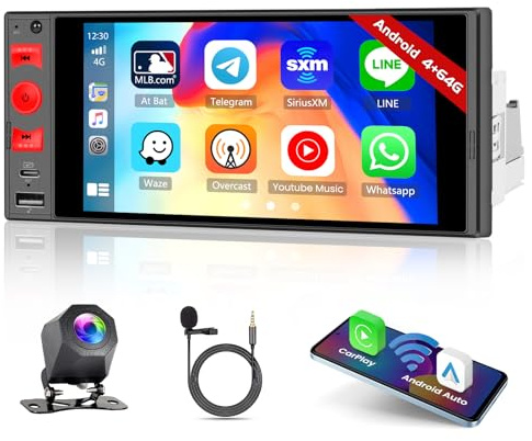 Roinvou 4+64G Android 15 Autoradio 1 Din 6'' IPS CarPlay Android Auto | Écran Tactile, GPS WiFi, Lien Miroir Bluetooth, FM/RDS, USB Type-C SWC, Caméra Arrière