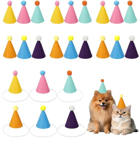 NBEADS 24 pz Cappelli di Feltro per Compleanno di Animali Domestici, Cappellini da Compleanno Colorati A Forma di Cono con Pompon, Mini Cappellini da Festa per Gatti Cani Animali Feste, 29.5x7.5cm