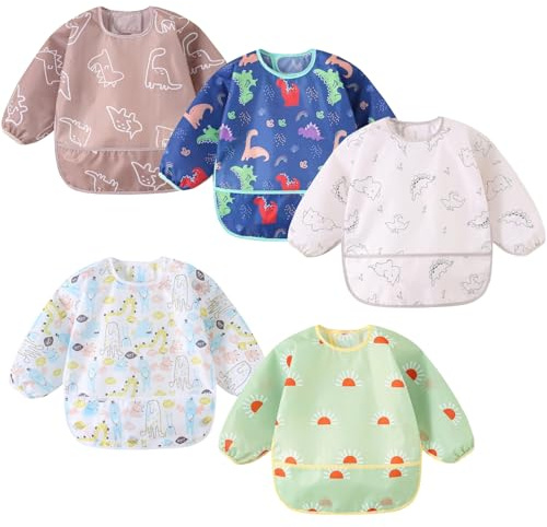 Yunguui 5 Pcs Baby Bibs with Sleeves,Waterproof Weaning Bib,Toddler Apron 3-30 Months