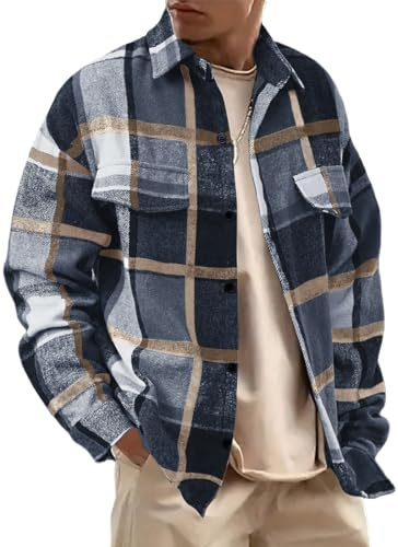 WINKEEY Chemise Homme en Flanelle Épaisse Chemise Boutonnée à Carreaux Manches Longues Veste Décontractée Hiver