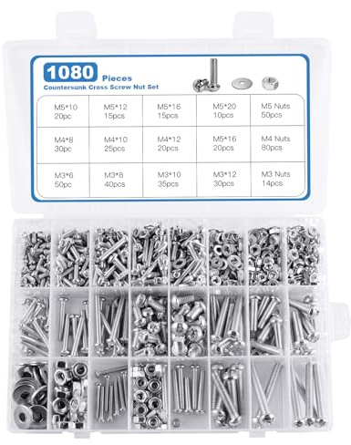 Juego surtido de 1080 tornillos de cabeza redonda, tuercas y arandelas planas, tornillos de máquina de cabeza cruzada M3/M4/M5/M6 y tornillos hexagonales y juegos de tuercas