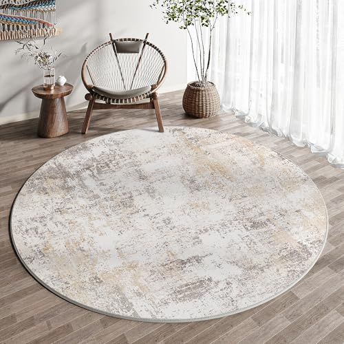 HUGEAR Alfombra Redonda 180cm Beige Gris Alfombras Habitacion Antideslizante Lavable Lavadora Moderna Abstractas Carpete Dormitorio Sala Comedor Pie Cama Rug Pelo Corto Carpet