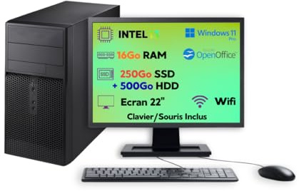 PC Tour Reconditionné Intel Core i3 3.2GHz — Écran 22 Pouces • RAM 16 Go • SSD 250 Go + HDD 500 Go • Windows 11 Pro • Wi-FI — Garantie 12 Mois