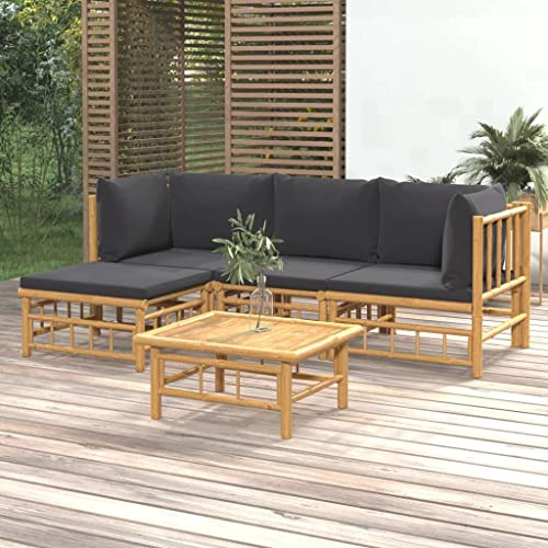 QUAHEAS 5-TLG. Garten-Lounge-Set aus Bambus mit Dunkelgrauen Kissen, Robustes Outdoor-Möbel-Set für Terrasse & Balkon, Flexibel und Witterungsbeständig
