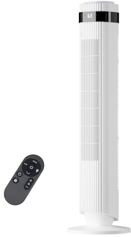 NEWBULIG Tower Fan for Bedroom, Oscillating Standing Bladeless Fan with Remote, 5 Speeds & 4 Modes, 28dB Quiet for Sleep, 22.3ft/s High Velocity, LED Display, 12H Timer, Office, Home, Dorm, White