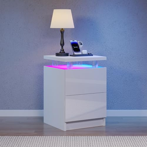 Nordivale Beside Table with RGB LED Lights, Bedside Cabinet with 2 Drawers, Bed Side Table for Bedroom, Living Room, White, 1 Pack