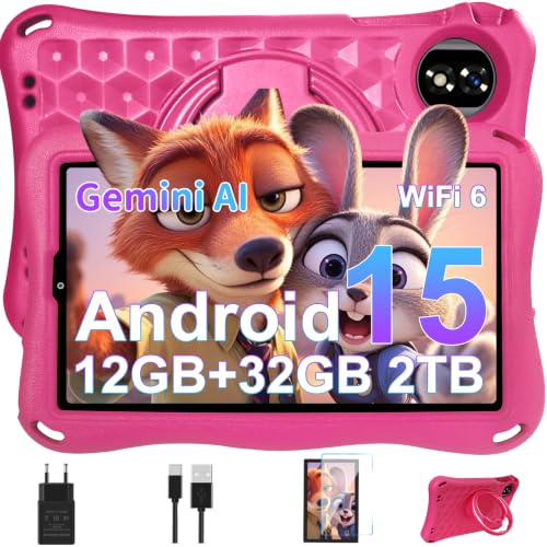 Tablet Para Niños 9 Pulgadas Android 15 Gemini AI, 12GB RAM+32GB ROM(TF 1TB),Octa-Core, 5G WiFi 6, GMS Certified, BT 5.0, 8+5MP, 5000mAh,Widevine L1,BT5.0,Control Parental Tablet con EVA Funda-Rosa