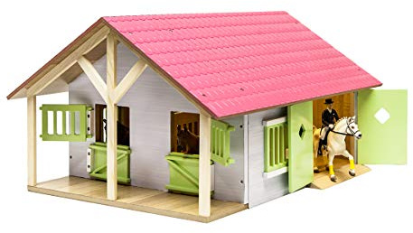Kids Globe Farming Reiterhof 610168 - Fattoria per Cavalli, in Legno, 1:24, con 2 scatole, Giocattolo per Cavalli, con Pratico Tetto Pieghevole, per Tutti i Tipi di Animali Domestici