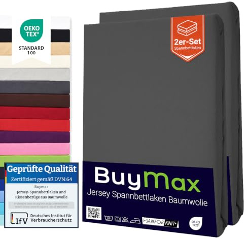 Buymax Spannbettlaken 200x200 cm Doppelpack – 2er Set aus 100% Baumwolle Jersey, 140 g/m², Rundumgummi, für Matratzen bis 25 cm, Oeko-TEX, Anthrazit