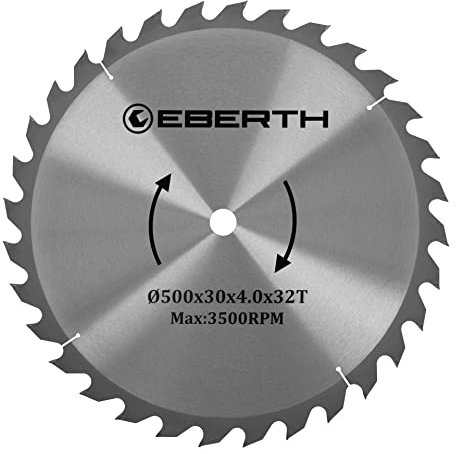 EBERTH Hoja de sierra circular disco de corte de madera de acero con para cortes en madera (500 mm de diámetro, 30 mm de perforación, 3,0 mm de grosor de hoja, 4,0 mm de anchura de corte, 32 dientes)